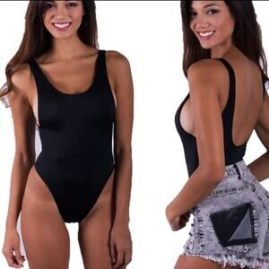 NWT FJ Femme Jolie Swimsuit Small One Piece Black High Cut Low Back Retro 80s